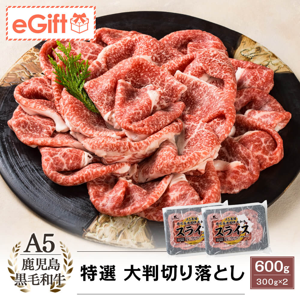 【送料無料】A5等級 鹿児島県産黒毛和牛 特選 大判 切り落とし 600g(300g×2パック)